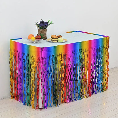 Rainbow Wavy Table Skirt Rainbow Metallic Foil Tinsel Table Skirts for Birthday Wedding Engagement Bridal Shower Party Supplies