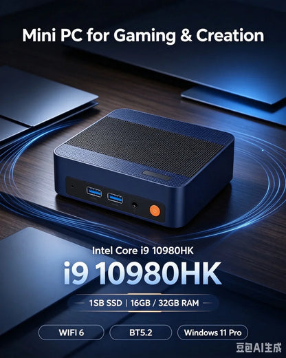 Stylish Multicolor Portable Mini PC I9-10980HK Win11 Pro 32GB 2TB SSD WiFi6 BT5.2 4K Workstation for Game Stream & Edit