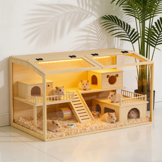 qv-Natural Wooden Hamster Cage Habitat Dual Access Door Built-in Light Animal Cabinet Tabletop Hamsters Habitat for Small Pets*