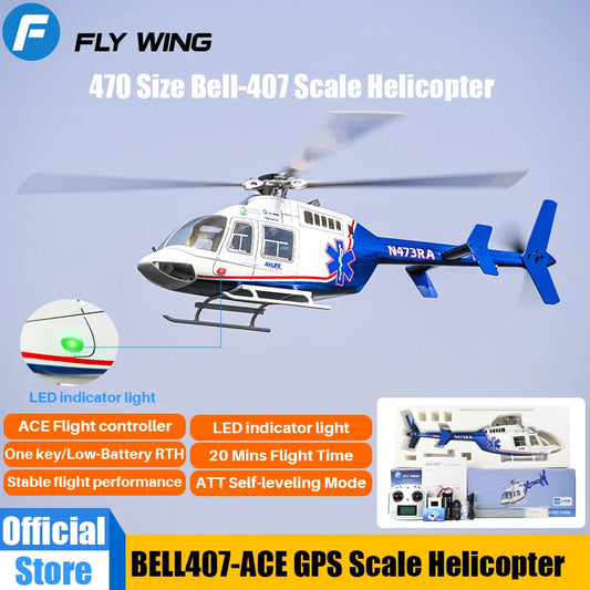 FLYWING Bell407 Scale RC Helicopter ACE Flight Control 6CH GPS FLY WING Bell 407 RC Helicopter LED Light Quick Release Rotor RTF