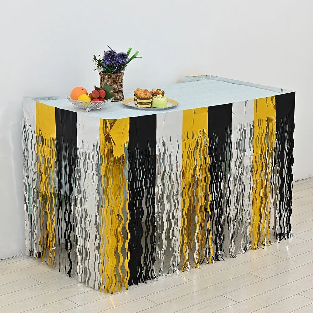 Rainbow Wavy Table Skirt Rainbow Metallic Foil Tinsel Table Skirts for Birthday Wedding Engagement Bridal Shower Party Supplies