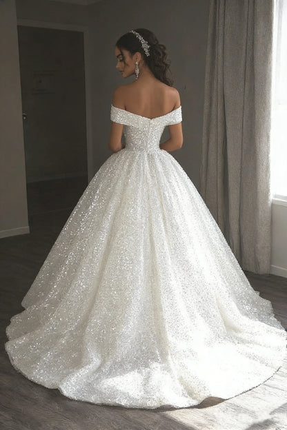 Luxury Off Shoulder Sparkly Sequin Ball Gown Wedding Dress 2026 Cathedral Train Bridal Gown Plus Size Vestido De Novia Custom