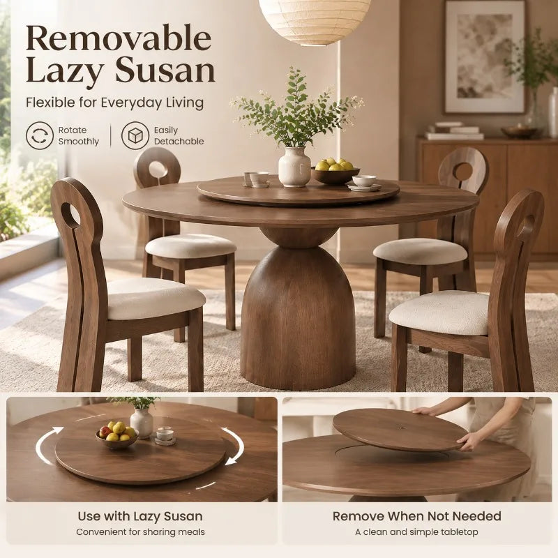 Solid Ash Wood Round Dining Table Modern Pedestal Base Wooden Kitchen Table Japandi Style Furniture 6 Seater Lazy Susan Table