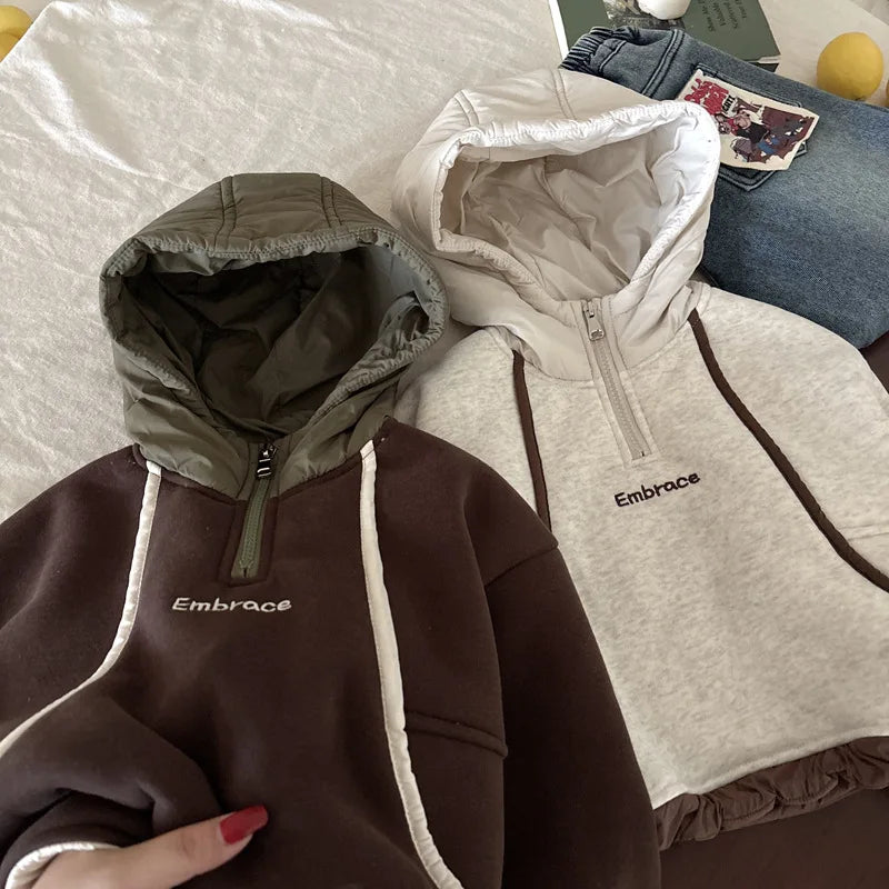 2025 Autumn Winter Children Velvet Sweatshirt Toddler Hooded Tops Kids Clothes Boys Girls Casual Pullover Letter Hoodies