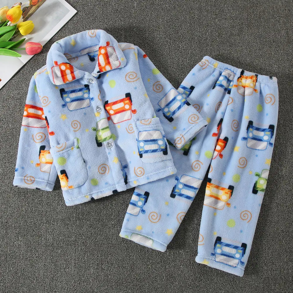 Girls' sleepwear long sleeved flannel children's sleepwear autumn and winter coral fleece boys' baby children's home Clothing se