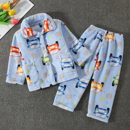 Girls' sleepwear long sleeved flannel children's sleepwear autumn and winter coral fleece boys' baby children's home Clothing se