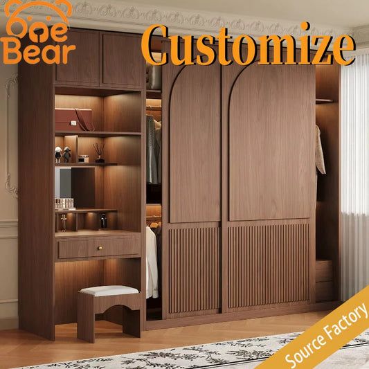 Customizable Solid Oak Wardrobe with Sliding Doors, Suitable for Home Use in Bedrooms, Featuring a Dressing Table.