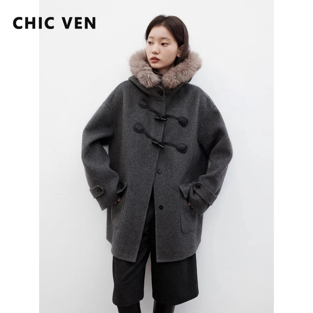 CHIC VEN Women Mid-length Woolen Coat Loose Casual Hooded Double-sided Horn Buckle Female Jacket Overcoat Autumn Winter 2025