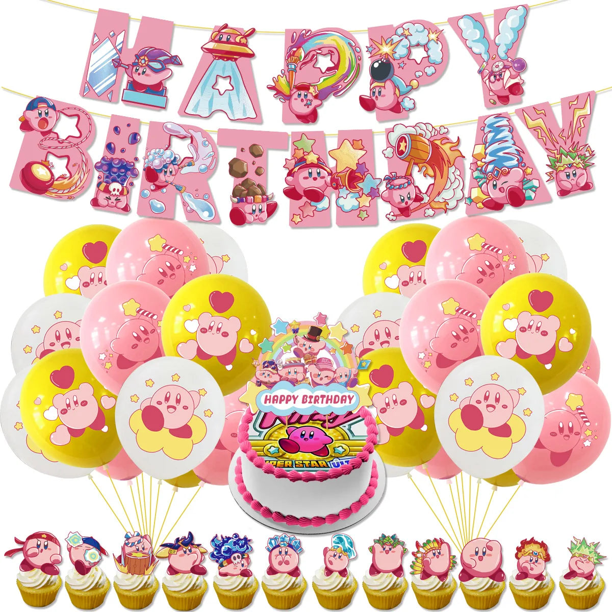 Hot kawaii Star Kirby Birthday Party cutlery plate Disposable Banner Cake Topper Hanging Flag Kirby‌ Balloon Birthday Decoration