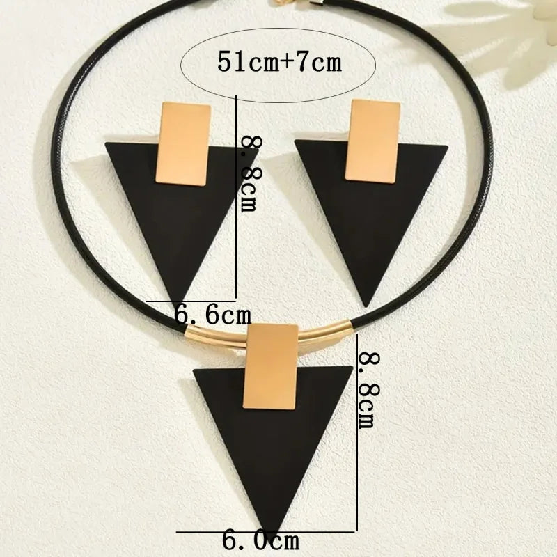 2PCS Geometric Rectangular Inverted Triangle Two-Color Spliced Pendant Earring Necklace for Women Trend Exaggerated Set Jewelry