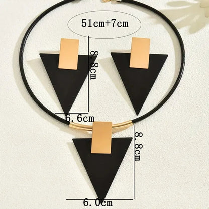2PCS Geometric Rectangular Inverted Triangle Two-Color Spliced Pendant Earring Necklace for Women Trend Exaggerated Set Jewelry
