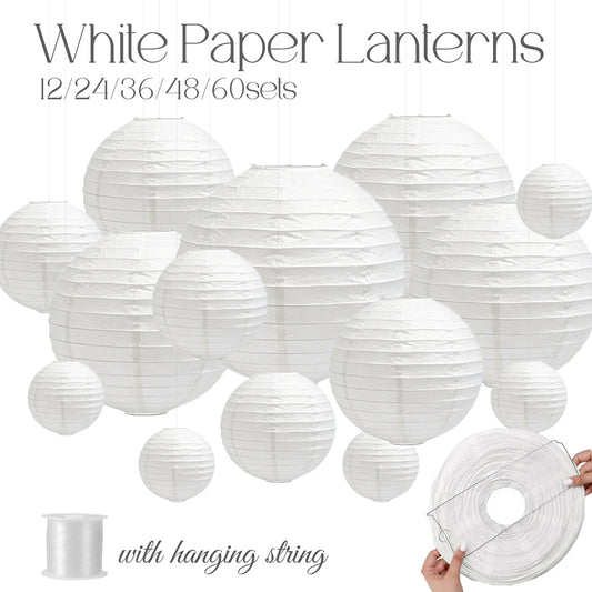 12-60PCS White Paper Lantern Round Paper Lantern with Hanging String Round Paper Lantern for Wedding Baby Shower Birthday Party