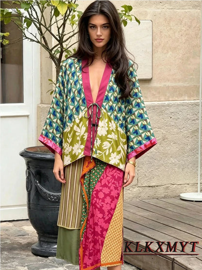 Women Fashion Color-Blocking Sets Sexy Lace Up V-Neck Short Sleeve Top+Ruffle Long Skirts Summer Autumn Vacation New 2 Pieces