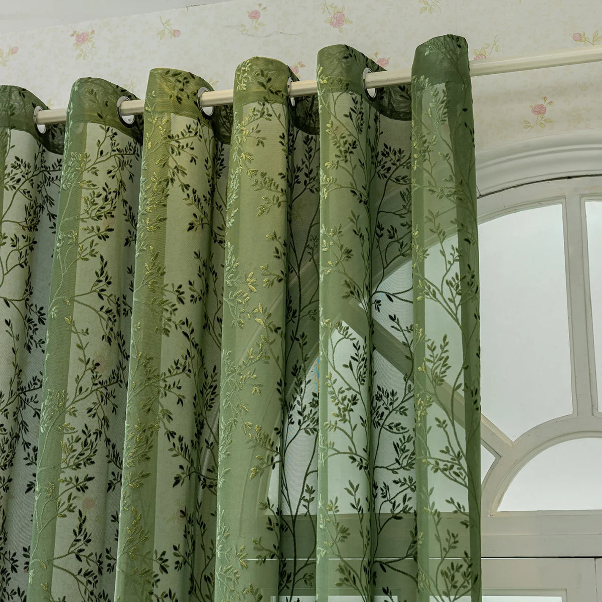 1pc European Style Curtain Sheer Panel For Living Room, Bedroom, Jacquard Simple European Style Green Curtain, Home Decor