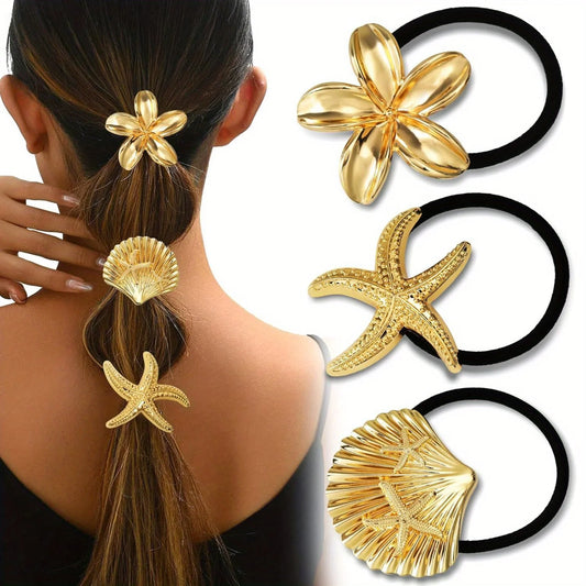3pcs Golden Hair Ties,Metal Hair Ties,Durable Geometric Design,Golden Hair Accessories Stretchy and Non-Damage Ponytail Holders