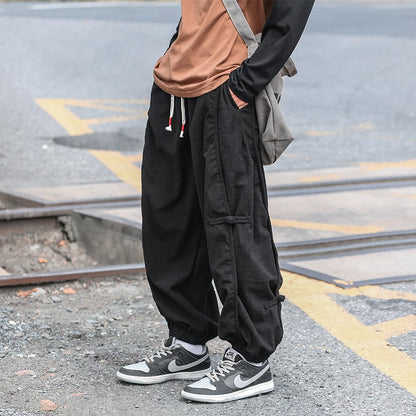 New Chinese Style Hanfu Cargo Pants Man Outdoor Buckle Design Stereo Clipping Japanese Casual Pants Elastic Waist Hallen Pants