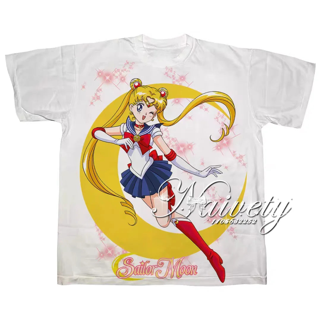 2026 Summer Sailor Moon Print Cotton T-shirt, Unisex Loose Casual Sportswear, Anime Tsukino Usagi Moon Vintage Manga Graphic Tee