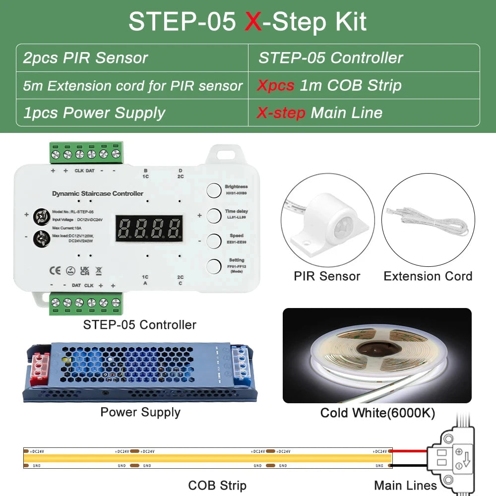 1-40 Steps LED Stair Light Motion Sensor Stairs Lighting With 2 PIR Sensor Staircase Lights COB LED Strip Stair Kit Step Light