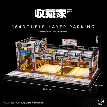 1:64 Scale Car Garage Diorama Model Assemble LED Lighting Car Parking Lot Backdrop Display Scene Model Toy Collection Gift