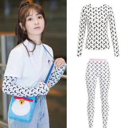 Ice Silk Two Piece Set Womens Sun Protection Clothes Long Sleeve Moon Print Top and Pants American Retro Sexy Autumn New