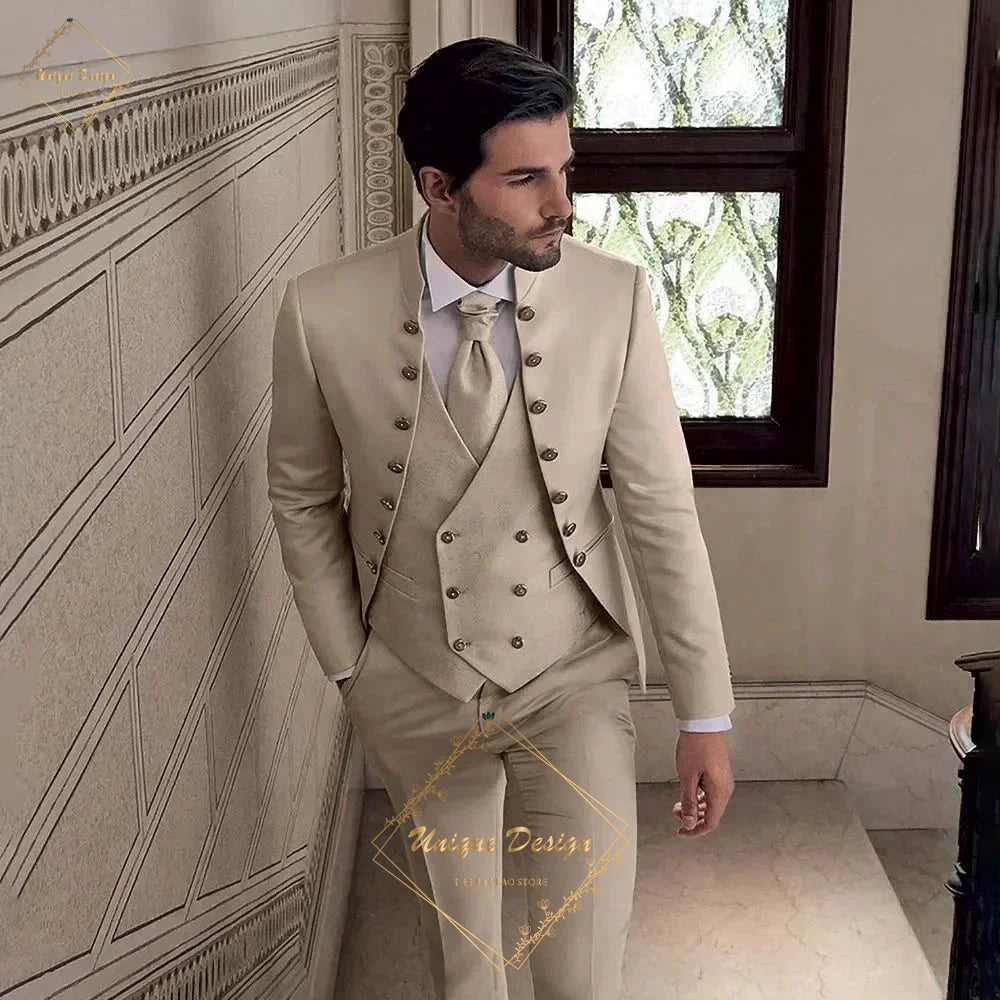Men's Khaki Tuxedo 3-Piece Suit Jacket Vest Pants Classic Luxury Male Customized Set for Wedding Groom Cocktail Xmas Party Dress