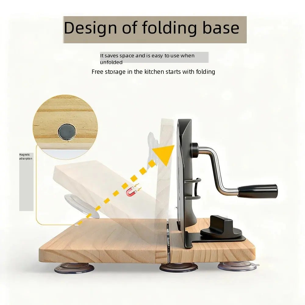 Design of folding base for manual adjustable bread slicer machine, demonstrating space-saving features and kitchen storage.