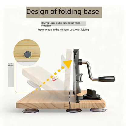 Design of folding base for manual adjustable bread slicer machine, demonstrating space-saving features and kitchen storage.