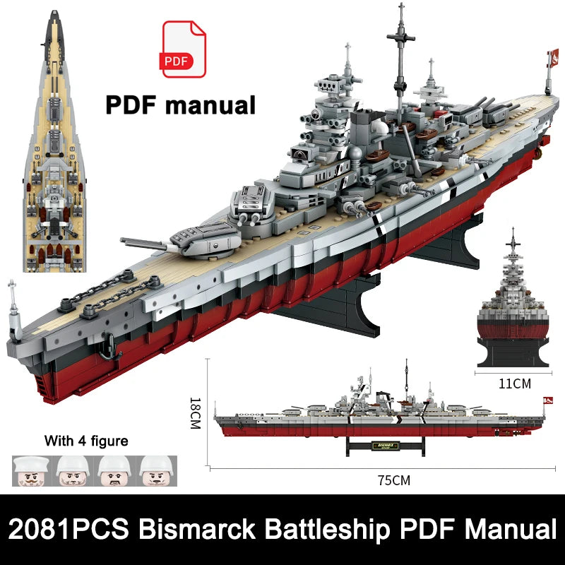2081pcs Military WW2 Bismarck Battleship Large Boat Cruiser Model Weapon Building Blocks MOC Warship Set Toys for Children Gifts
