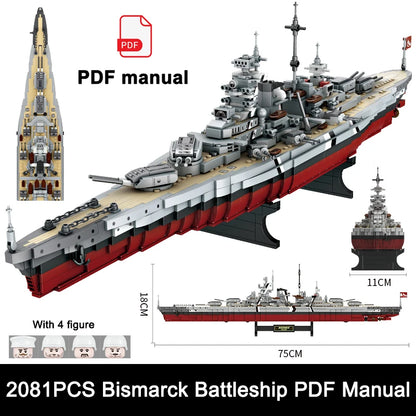 2081pcs Military WW2 Bismarck Battleship Large Boat Cruiser Model Weapon Building Blocks MOC Warship Set Toys for Children Gifts