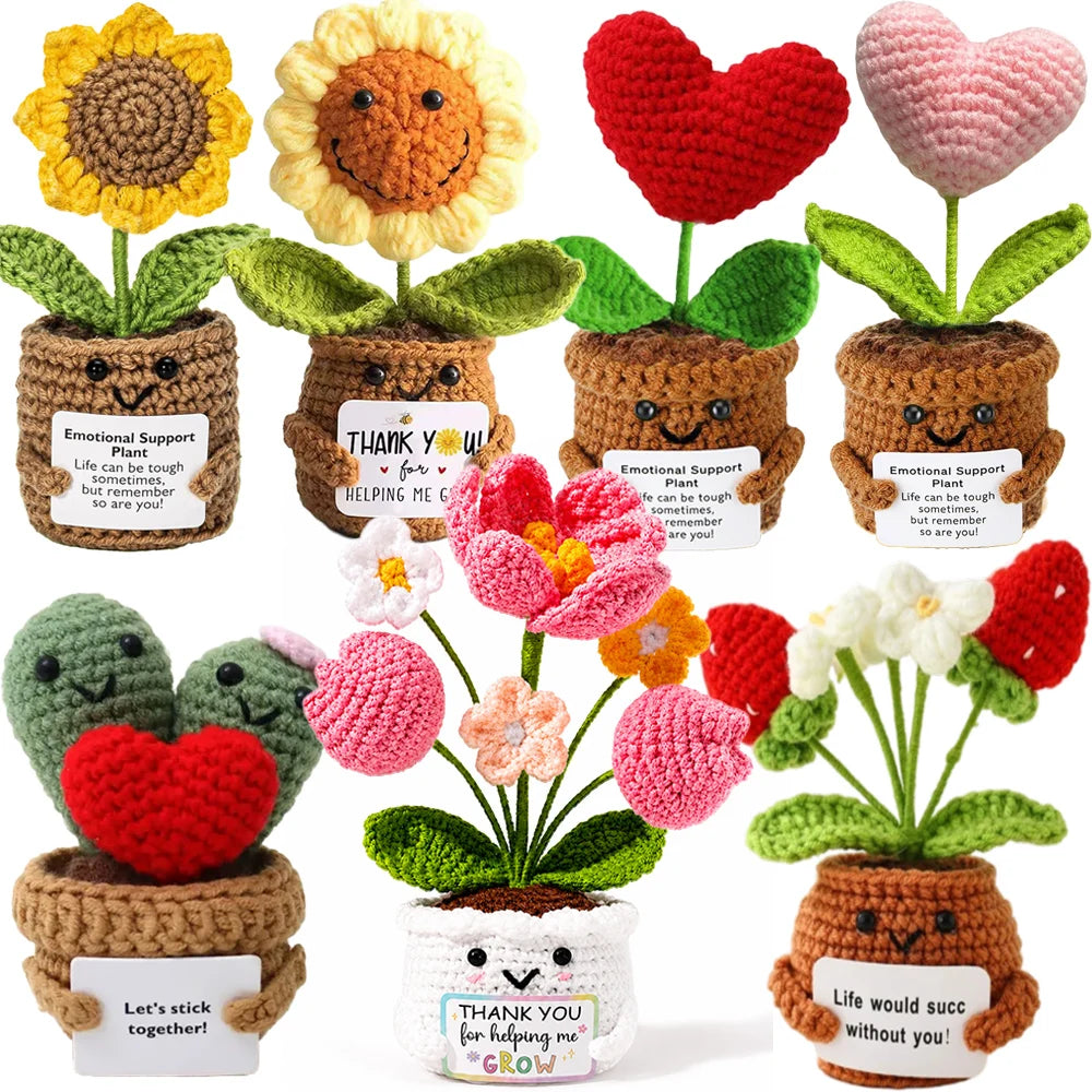 Positive Crochet Handmade Amigurumi Doll Emotional Support Pocket Hug Knit Plant Flower Encouragement Gift for Friends Coworker