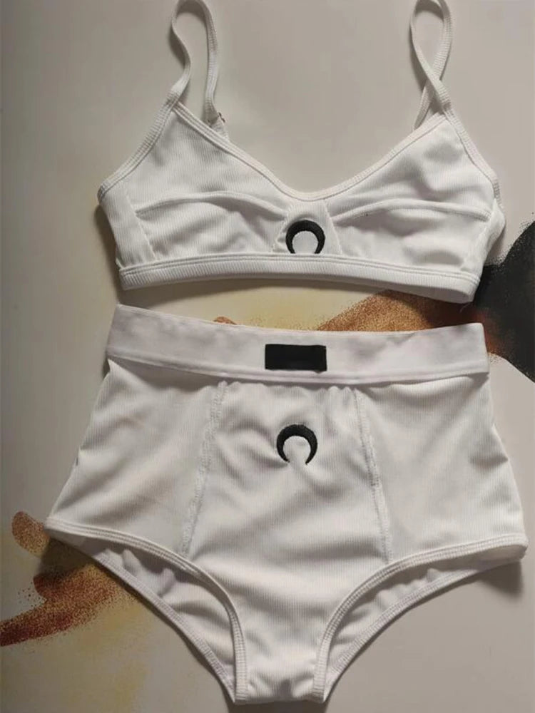 Summer Set Women Sleeveless Lingerie Vest and Shorts Moon Print American Streetwear Sexy Sweet Casual Embroidered Two Piece