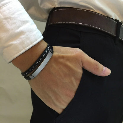 Unique Sew Lines Genuine Leather Bracelets for Men Women Stainless Steel Bar Layered Bangle Causal Pulseira