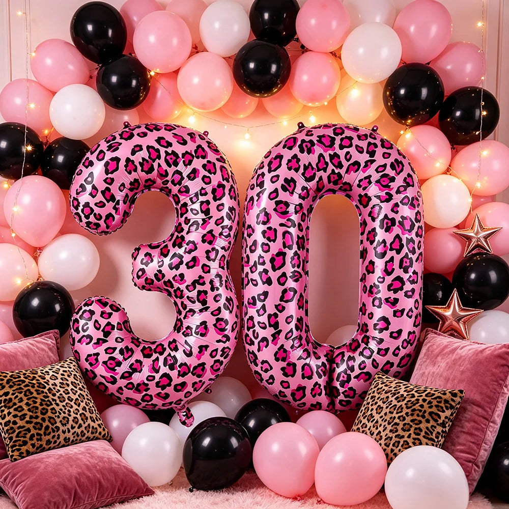 32 Inch Pink Leopard Print Number Foil Balloon 0‑9 Digit Balloon Wild Animal Helium Balloon for Birthday Anniversary Party Decor