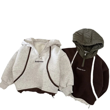 2025 Autumn Winter Children Velvet Sweatshirt Toddler Hooded Tops Kids Clothes Boys Girls Casual Pullover Letter Hoodies