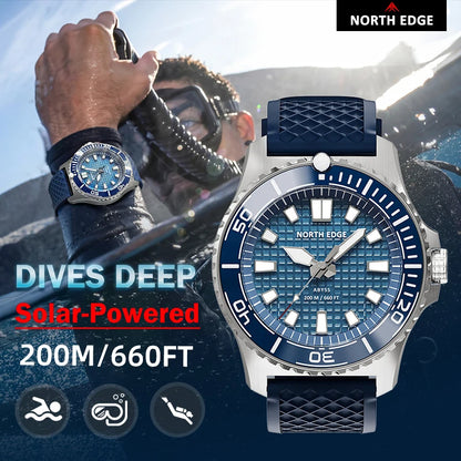 NORTH EDGE ABYSS Men Solar Powered Diving Quartz Luxury Watch 200M Waterproof Dive Sports Watches 316L Steel Case 180+ Day Power