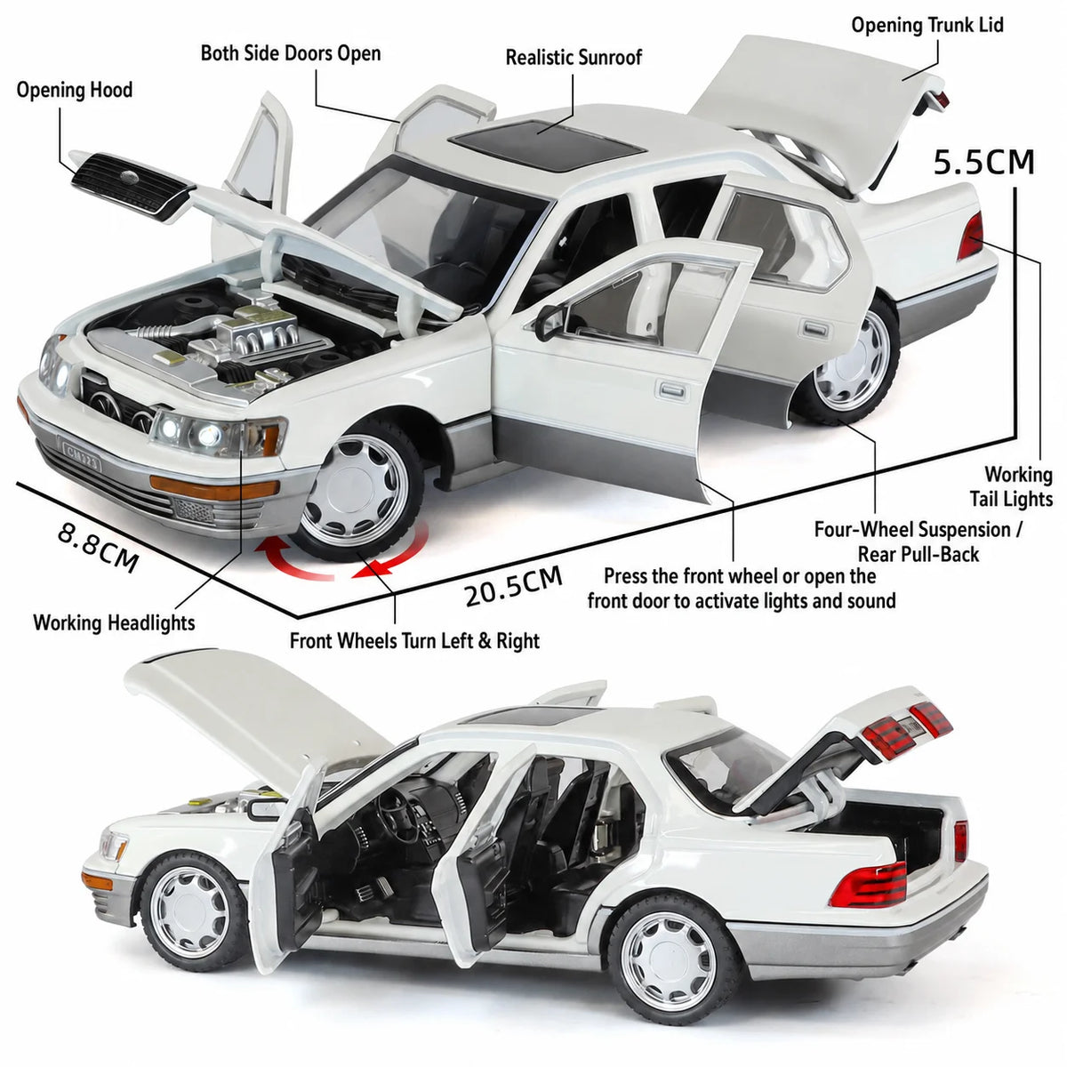 1/24 Lexus LS400 Classical Toy Car Model Diecast Alloy Metal Miniature Vehicle Model Sound & Light Collection Gift For Boyfriend