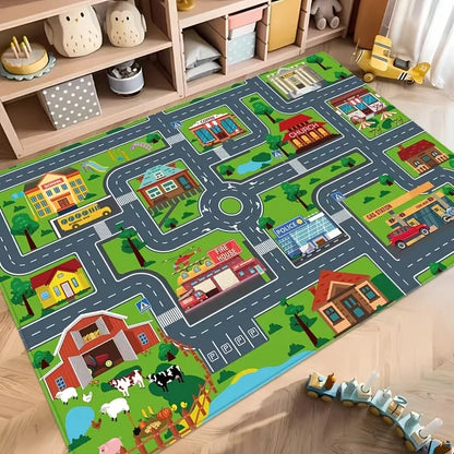 Kids Cartoon City Traffic Road Map Carpet Soft Anti Slip Educational Play Mat for Toddlers Playroom Bedroom Living Room