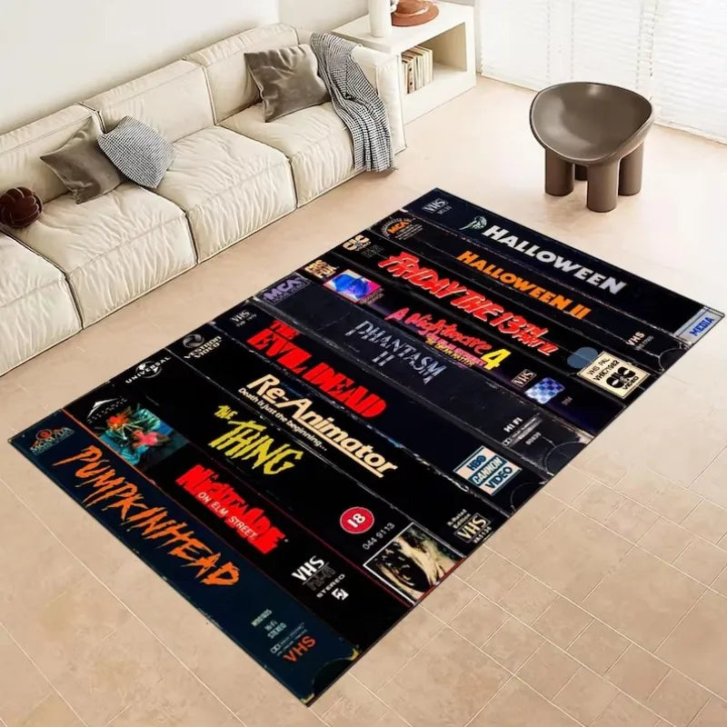 VIKAMA Classic Retro Horror VHS Tape Area Rug, Distressed and Machine-Washable Floor Mat, Living Room Rug, Home Decor