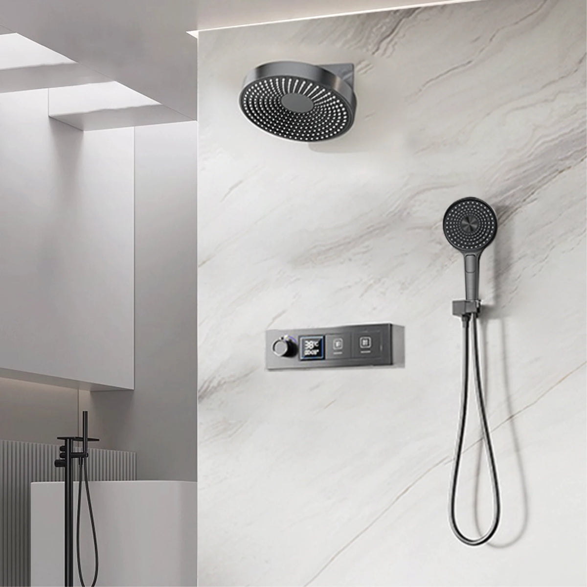 AITANA Luxury Black Brass LED Digital Display Constant Temperature Wall Mounted Bathroom Mixer Embedded 2-Function Shower System