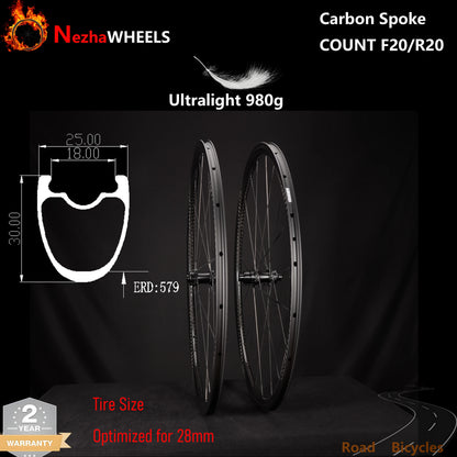 Only 980g Ultralight 700c 25mm Wide Carbon Spoke Racing Wheelset, Disc Brake Tubeless Road Bicycle Wheelset