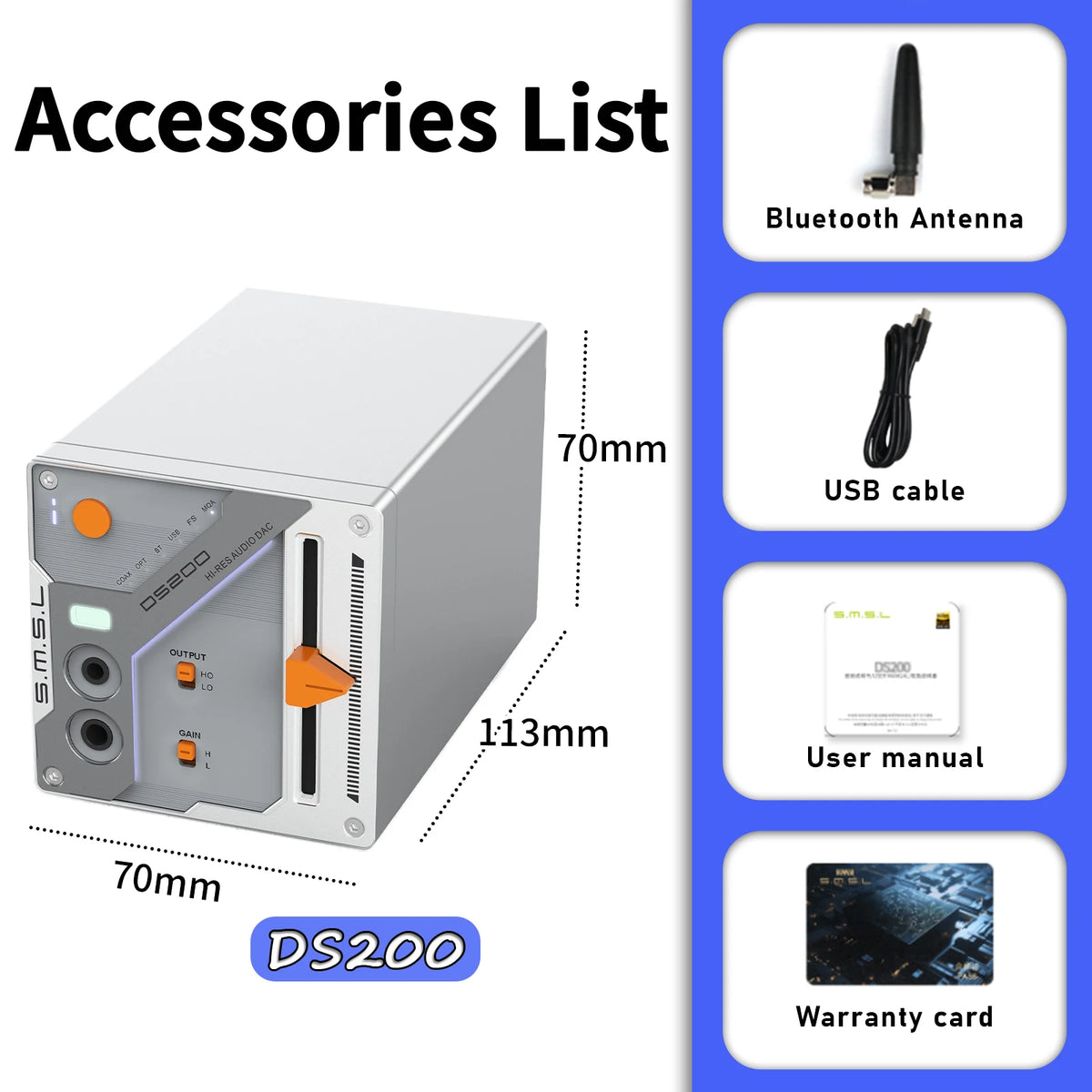 SMSL DS200 Hi-Res Audio Decoder CS43131x2 DAC Chip XU316 MQA USB Optical Coaxial Bluetooth Input 3.5mm 4.4mm Headphone Amplifier