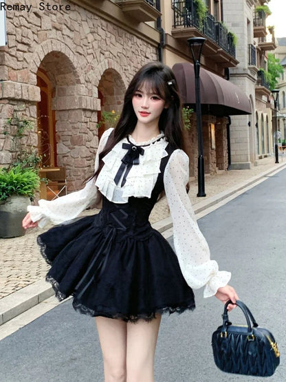 Summer New Sexy  Lace 2 Piece Set Vintage Design Halter Neck Y2k Tops + Puff Mini Skirt Female Elegant French Chic Retro Outfits