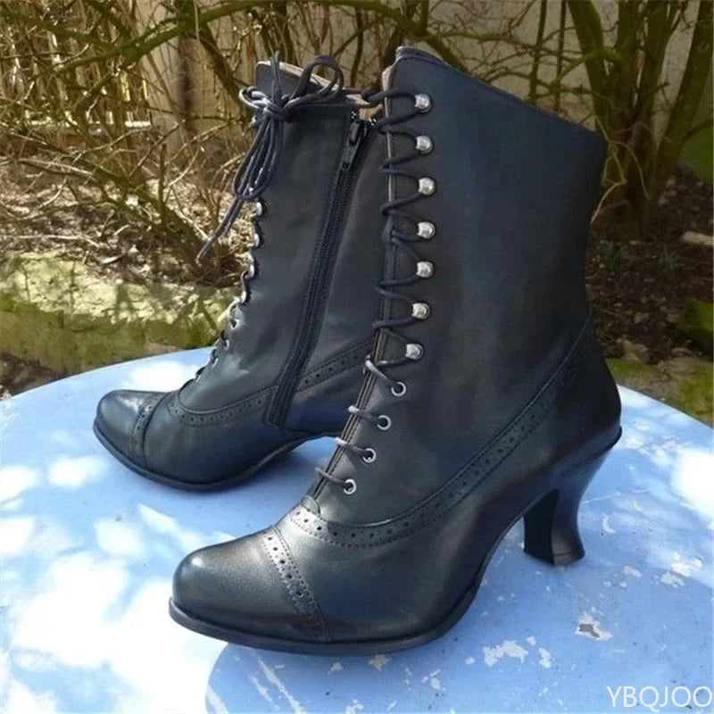 2025 Winter Lace Up Ladies High Heel Shoes Motocycle Boot Victorian Boots Women Fashion Pointed Toe Thick Soled Short Boot