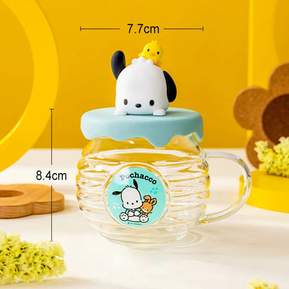 For Sanrio Kawaii Glass Cups Honey jar shape Water Cups Cartoon Kuromi& Hello Kitty& Cinnamoroll Anime Juice Milk Mug Kids Gift