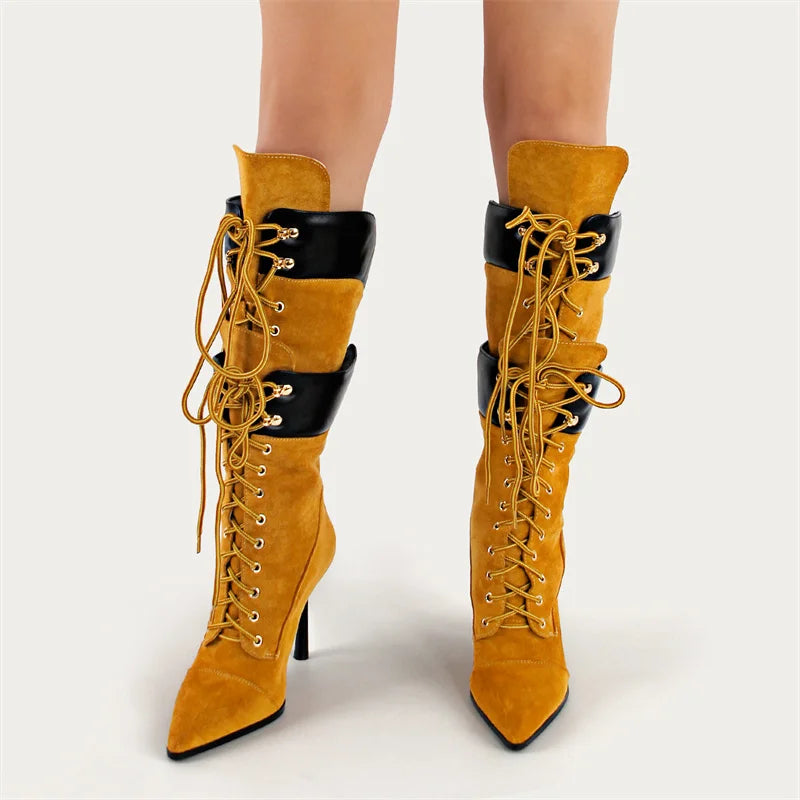 Onlymaker Women Pointed Toe Double Stiletto Heel Lace Up Mid-Calf Boots Faux Suede Nightclub Party  Daily Heel Stylish  Boots