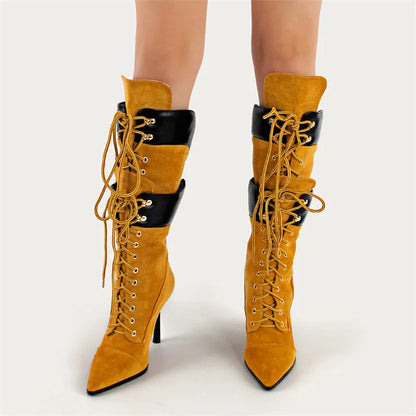 Onlymaker Women Pointed Toe Double Stiletto Heel Lace Up Mid-Calf Boots Faux Suede Nightclub Party  Daily Heel Stylish  Boots