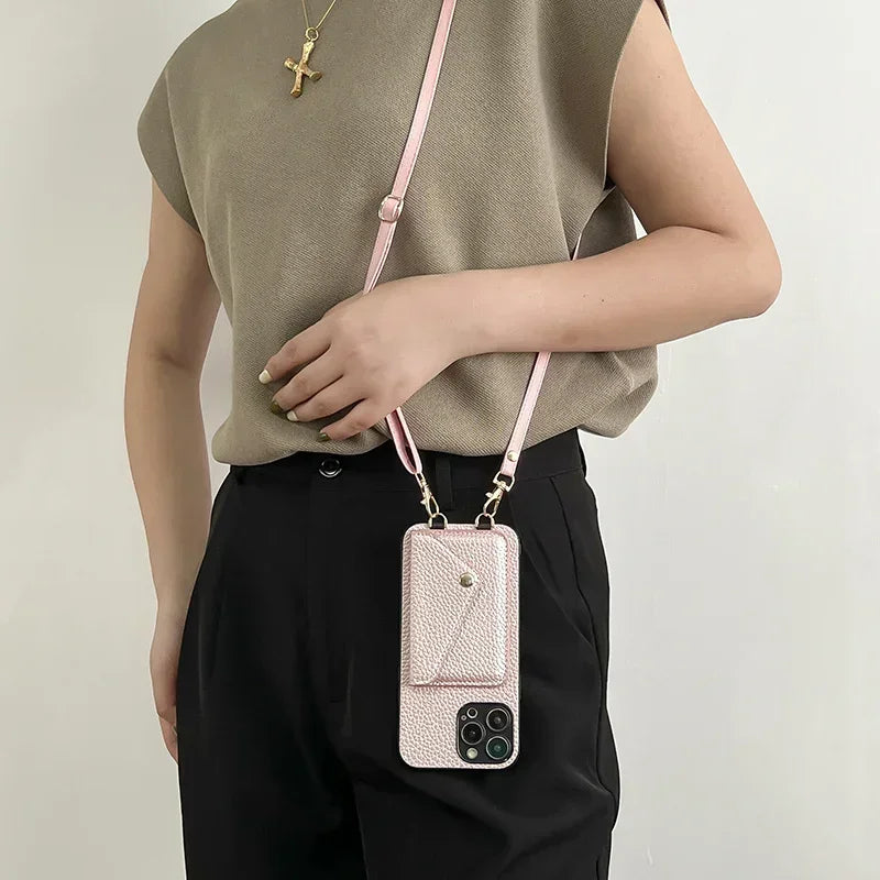 Lanyard Crossbody Strap Leather Phone Case for iPhone 17 Air 16 15 Plus 14 13 12 11 Pro Max  Wallet with Card Holder Cover