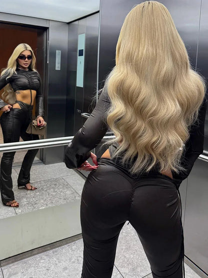 Sisterlinda Hollow Shirring Sexy 2 Piece Set Women Hipster Full Sleeve Crop Tops+High-Waist Flare Pants Matching Streetwear
