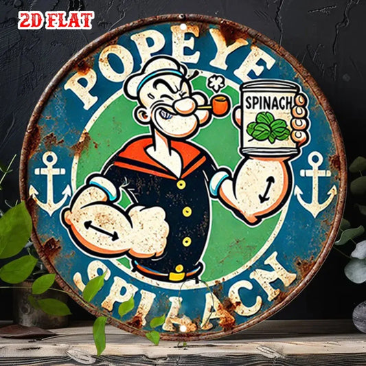 2D Flat "Vintage Popeye the Sailor Man Spinach Can" Retro Round Metal Tin Sign - Classic Cartoon Themed Wall Decor, Distressed P