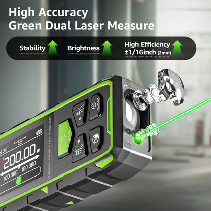 Huepar Dual Laser Rangefinder With Bluetooth 120M/200M Green Laser Measure Meter Multiple Unit Measurement Tool With LCD Backlit